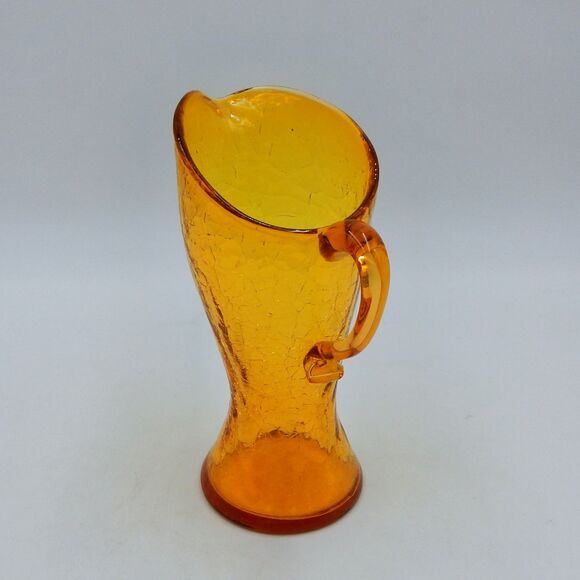 Crackle Glass Mini Pitcher Creamer Hand Blown 6 Inch Amber Applied Handle - Picture 5 of 9